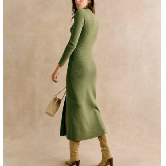 BEST Sezane Harper Midi Knit Dress Large Moss Green Ribbed French High Neckline - Picture 2 of 7